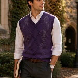 Van Heusen Studio Purple Argyle Sweater Vest XL 100% Cotton Preppy